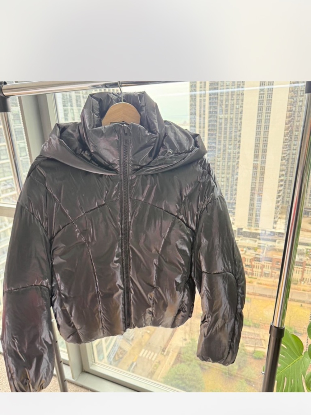 Zara Shiny Black Puffer Jacket with Hood
